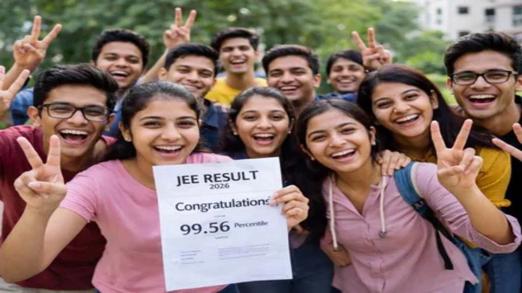 Students preparing for the JEE Main examination with study materials for Physics, Chemistry, and Mathematics.