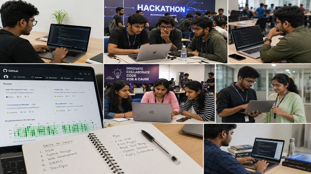 Engineering students collaborating on coding projects, GitHub, hackathons, and internships to build software engineering skills for better career opportunities.