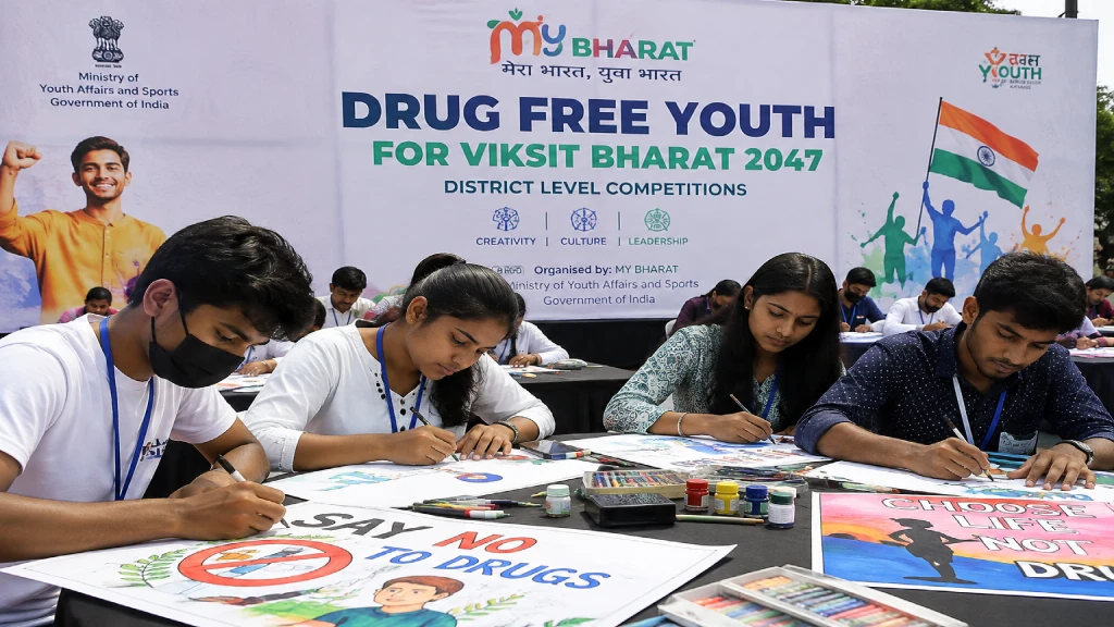 Youth participating in My Bharat district-level competitions promoting a drug-free India and the Viksit Bharat 2047 vision.